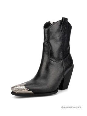 Women's Faux Leather Ankle Cowboy Boots Steel Toe Block Heel Western Booties